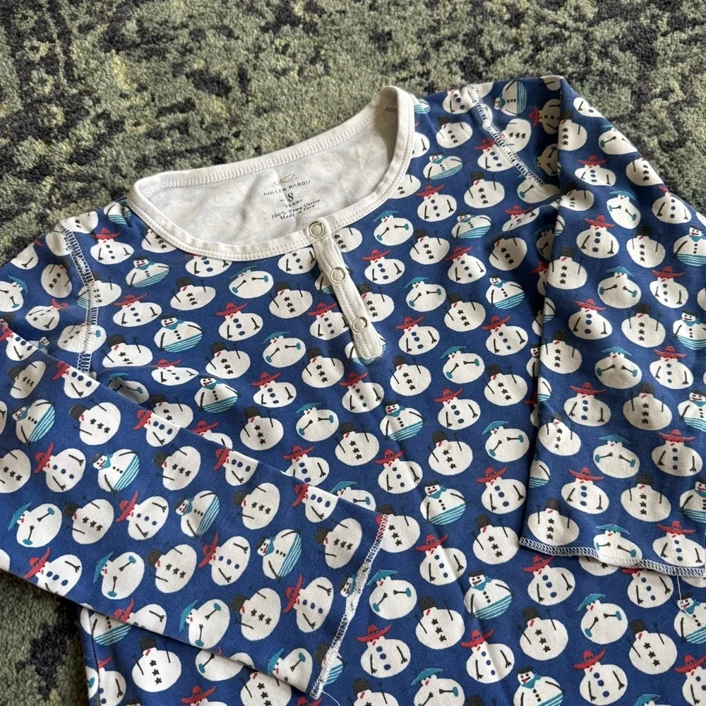 Girl’s Roller Rabbit Snowman Print 3/4 Sleeve 100% Pima Cotton Henley PJ Top